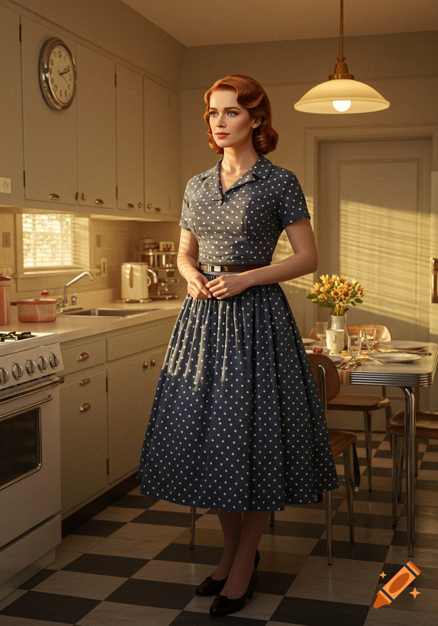 A woman with red hair in a 1950s polka dot dress stands in a sunlit kitchen with a checkered floor.