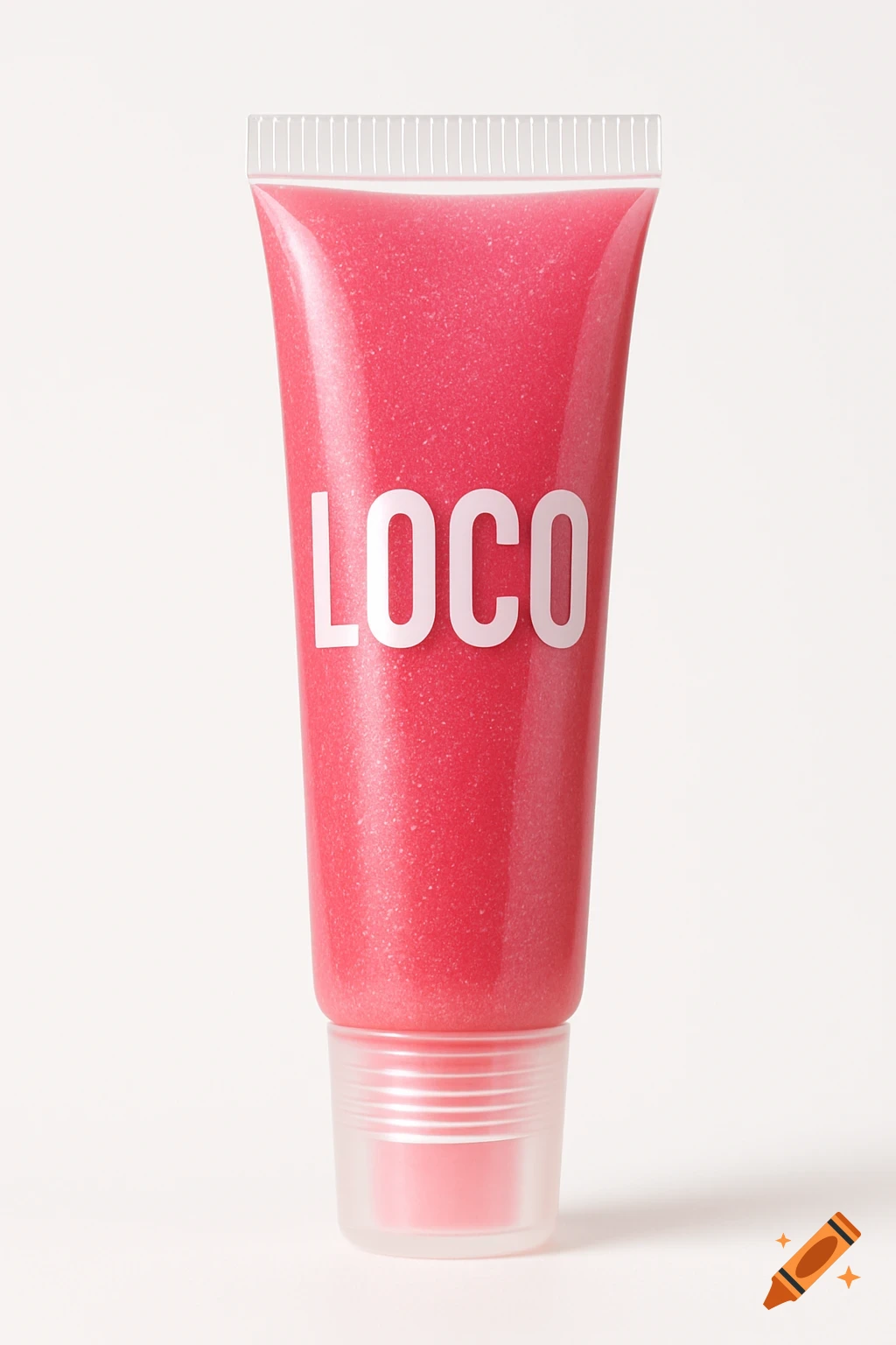 A photorealistic close-up of a pink shimmery lip gloss tube with 'LOCO' in white letters, on a white background.