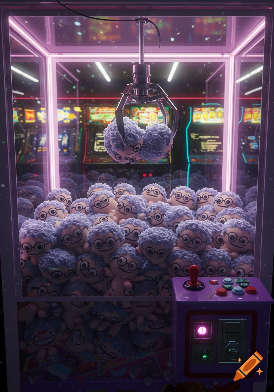 A claw machine in an arcade filled with stylized plush toys of a man with glasses and curly blue hair, with the claw grasping two plushies.