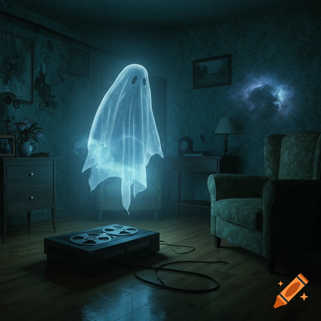 A glowing, ethereal ghost floats above a reel-to-reel tape recorder on a wooden floor in a dimly lit, old-fashioned room with an armchair.