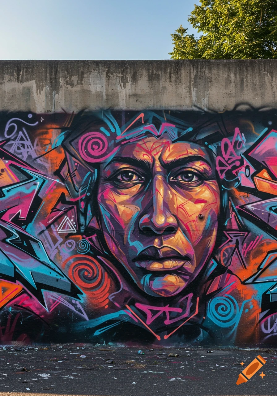 A vibrant graffiti mural of a stylized face with abstract shapes in bright pink, orange, and blue on a concrete wall.