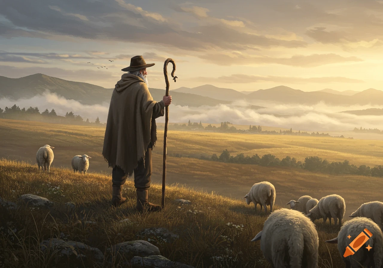 A shepherd with a staff stands on a grassy hill, overlooking his flock ...