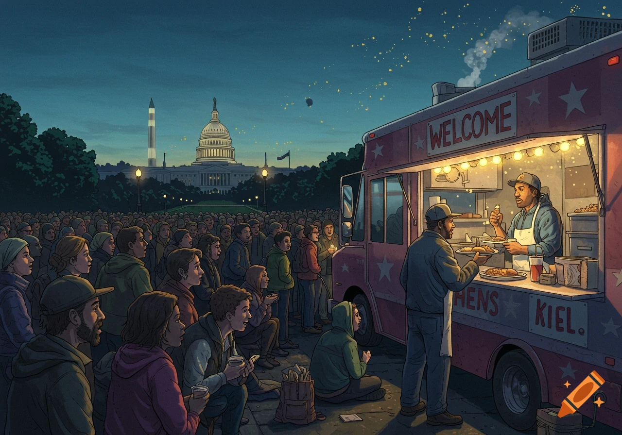 Illustrated scene of a large crowd gathered around a food truck at night, with the US Capitol building and a monument in the background.