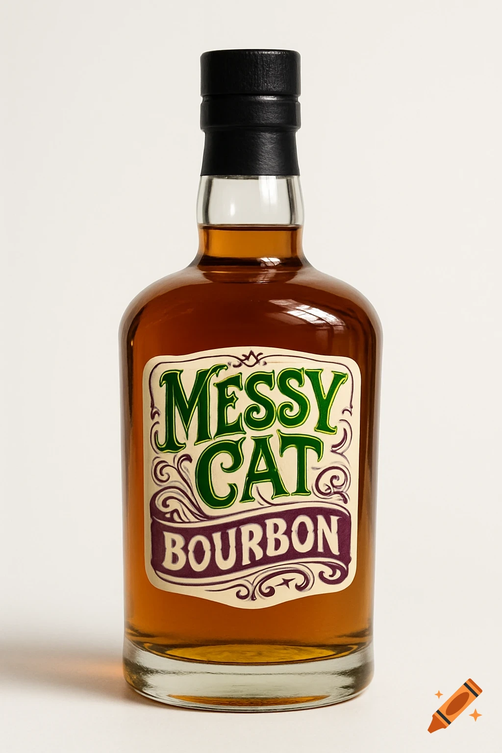 A photorealistic bourbon bottle with a "Messy Cat Bourbon" label in green and purple, on a solid white background.