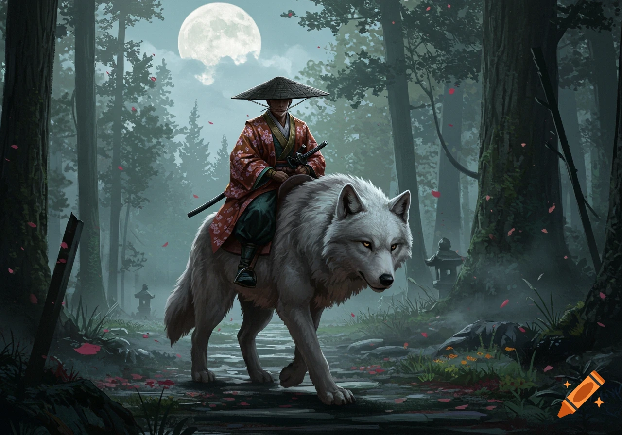 A samurai in a kimono and straw hat rides a white wolf through a moonlit forest with falling red petals and a stone lantern. Digital painting.