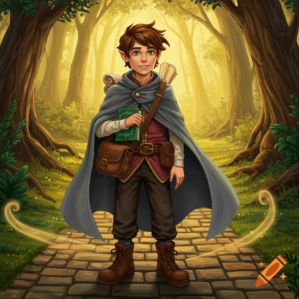 A young male elf or wizard in a grey cape stands on a stone path in a ...