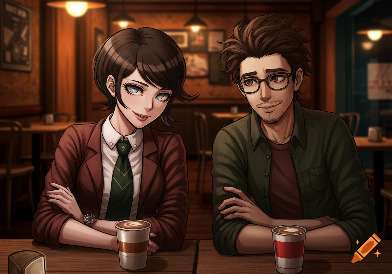 A stylish anime couple, a woman with a pixie cut and a man with glasses, sit at a table in a cozy coffee shop with lattes.