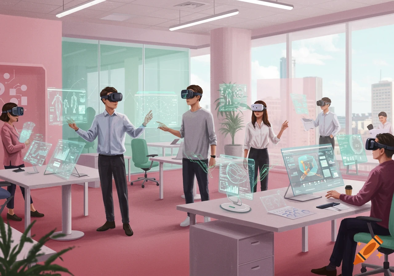 People in an office wearing VR headsets, interacting with holographic screens showing data and diagrams. The style is an optimistic, pastel-colored illustration.