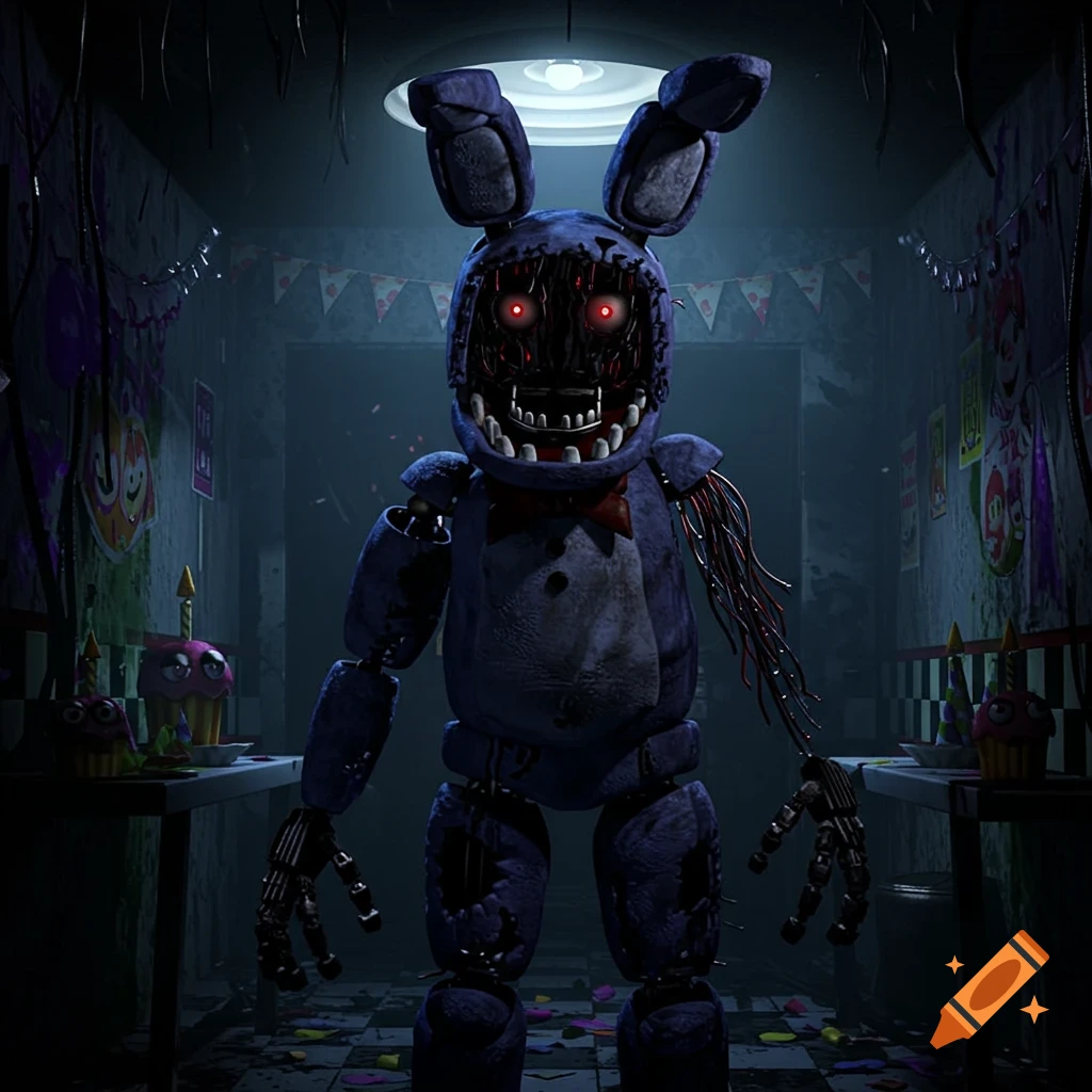 A tattered purple animatronic rabbit with glowing red eyes and exposed wires stands in a dark, messy room.