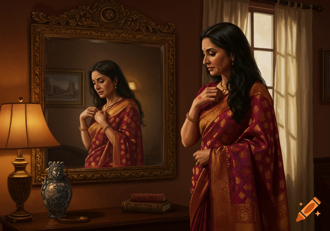 A middle-aged Indian woman in a red and gold saree adjusts her necklace, reflected in an ornate mirror.