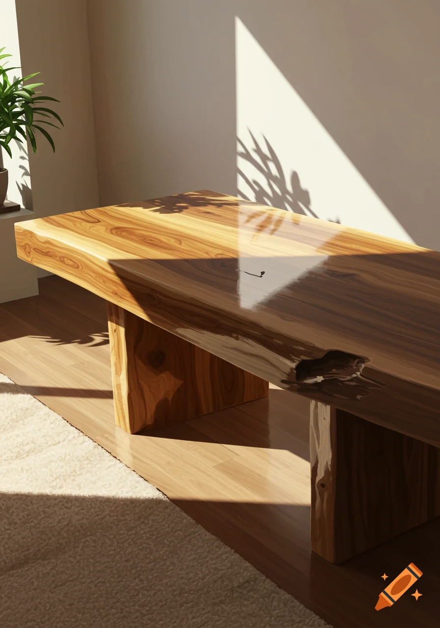 Glossy natural wood slab table in a sunlit room with plant shadows and a potted plant.