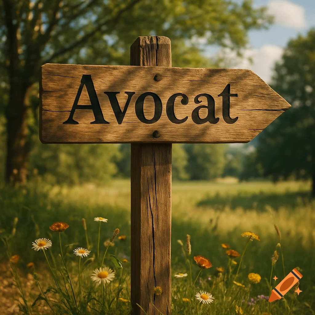 A photorealistic image of a wooden signpost in a sunny field, with the word 'Avocat' pointing right.