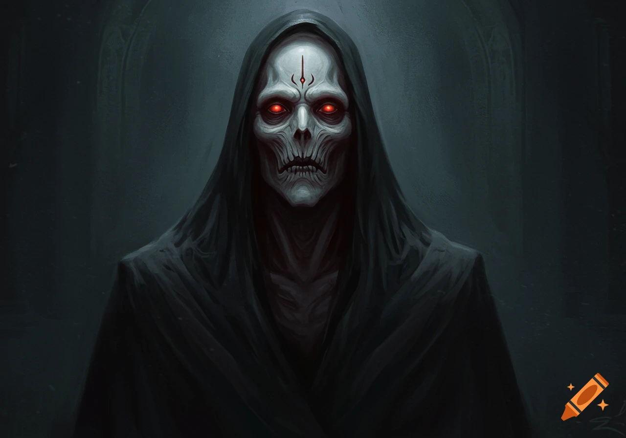 A dark fantasy portrait of a gaunt, skeletal-faced figure with glowing red eyes and a symbol on its forehead, cloaked in a black robe.