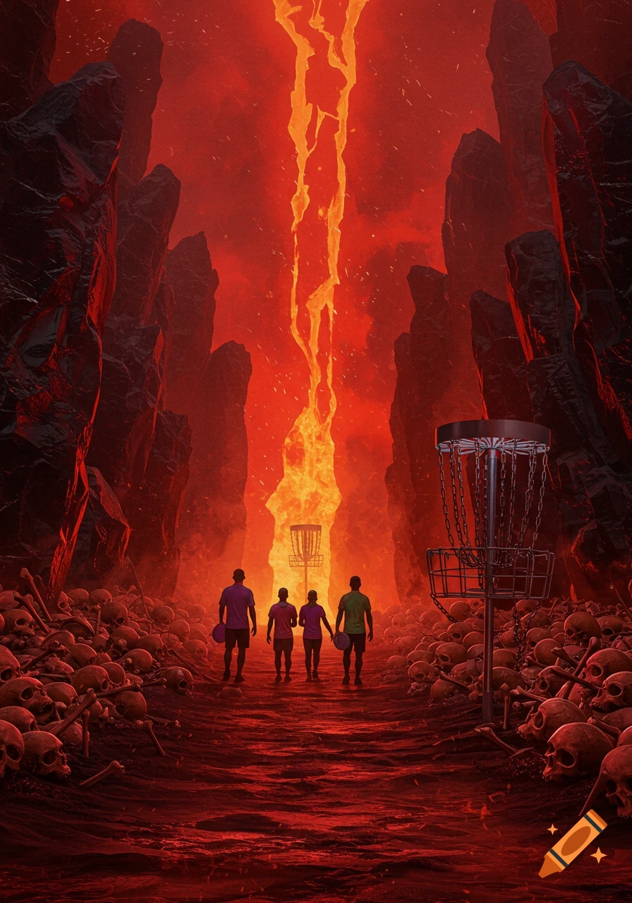 Four disc golfers walk a path lined with skulls towards a disc golf basket in a hellish landscape with red skies and a fiery fissure.