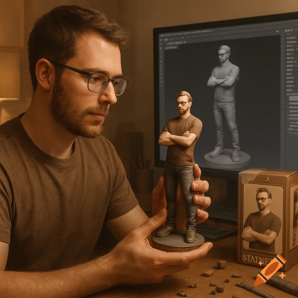 A man with glasses and a beard holds a miniature statuette of himself, with a 3D model on a monitor.