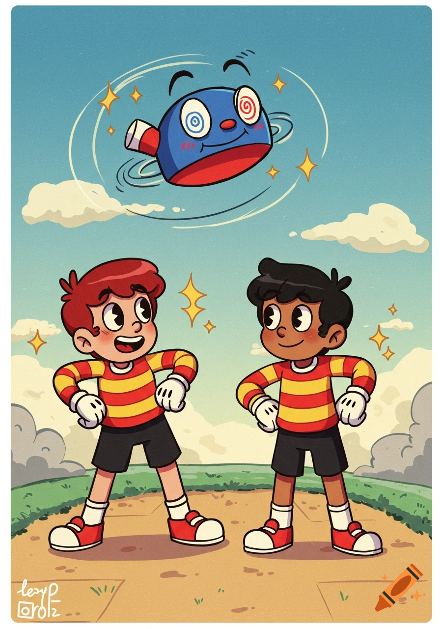 Two cartoon boys with striped shirts and shorts stand playfully under a floating blue and red cap with swirling eyes, in a vintage cartoon style.