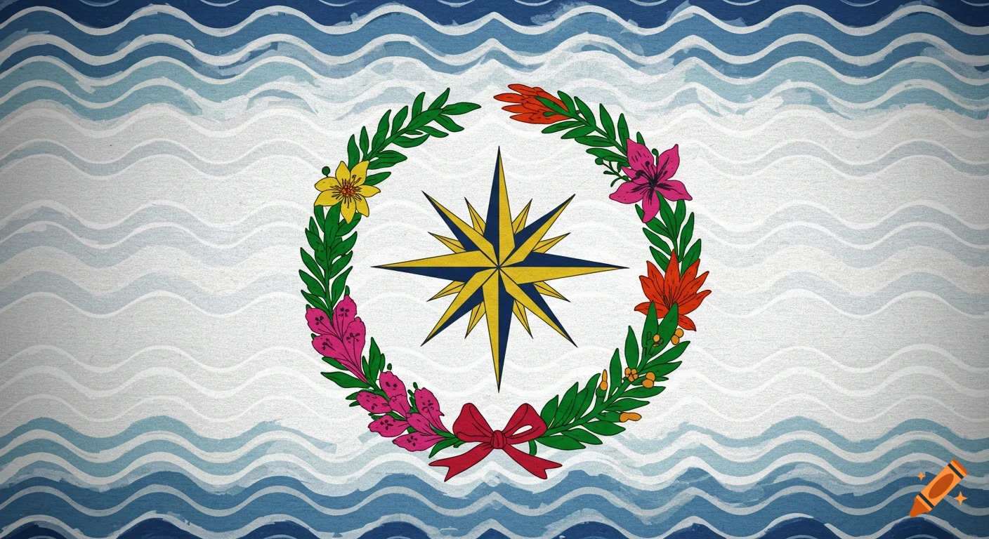 Flag illustration: wavy blue/white background, central yellow/blue compass rose, colorful floral wreath with red bow.