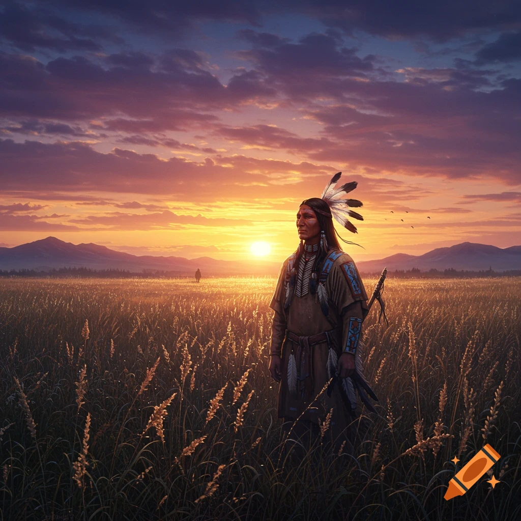 A male figure in Native American attire stands in a golden field at sunset, looking left towards distant mountains.