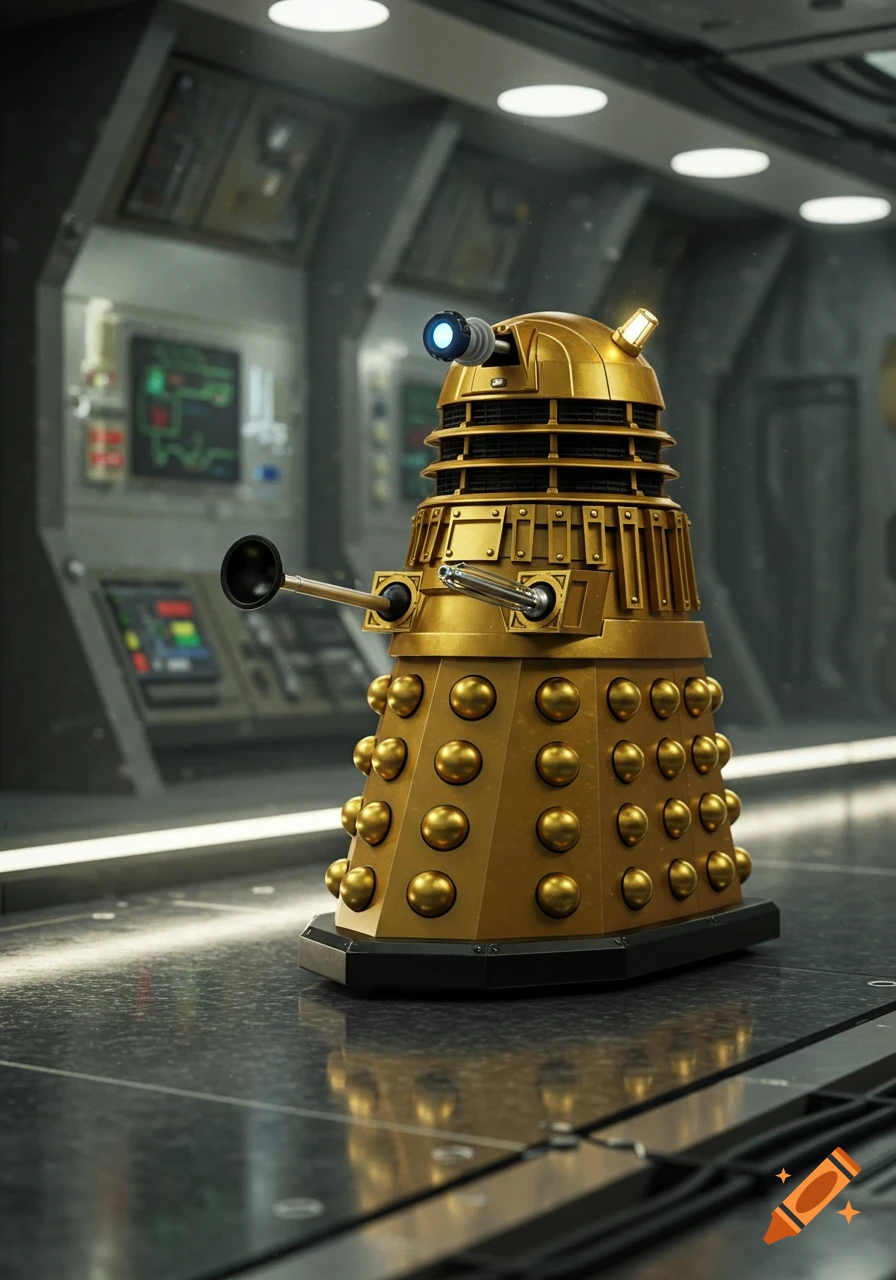 A detailed golden Dalek stands in a dimly lit futuristic spaceship interior with computer screens in the background.