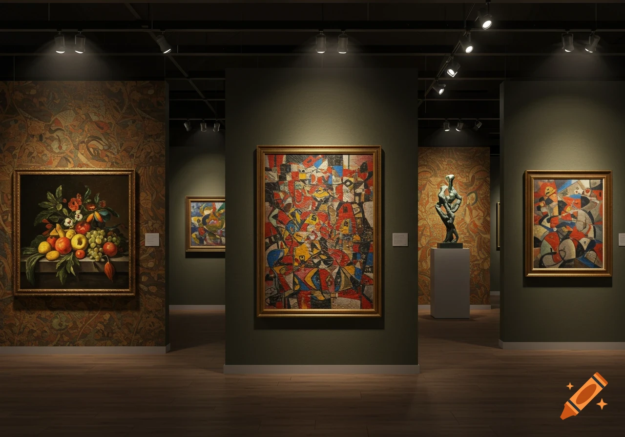 An art gallery interior with diverse paintings, a bronze sculpture on a pedestal, and patterned wallpaper under track lighting.