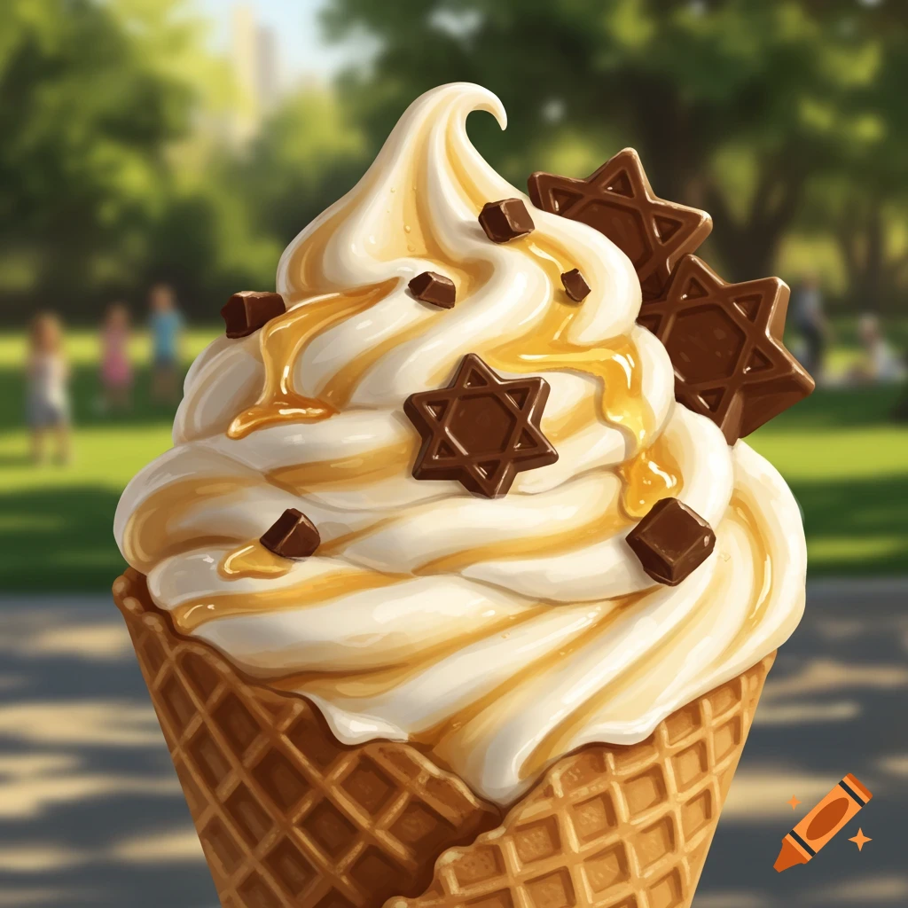 A soft-serve ice cream cone with caramel drizzle, chocolate chunks, and Star of David shaped chocolates, against a blurred park background.