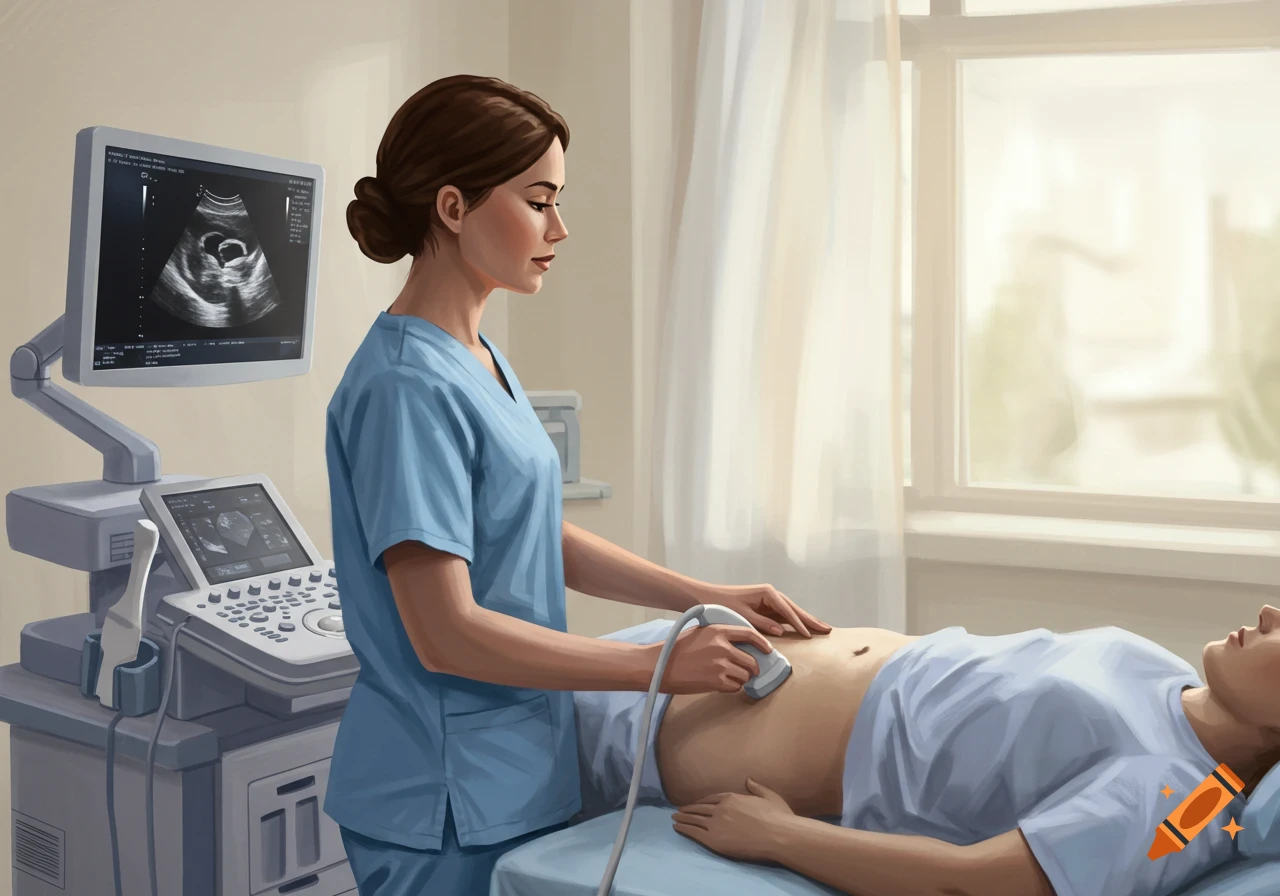 A sonographer performs an abdominal ultrasound on a patient in a bright medical room, with the fetal image visible on the screen.