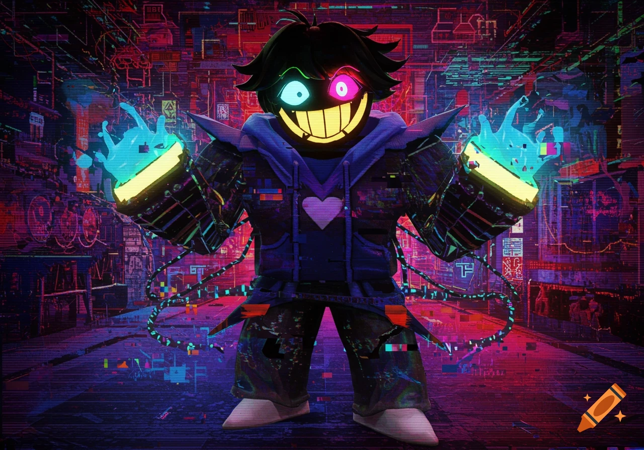 A glitchy, stylized Roblox-like character with a split cyan and pink eye, a wide yellow grin, and glowing blue energy hands, standing in a neon cyberpunk cityscape with scanline effects.