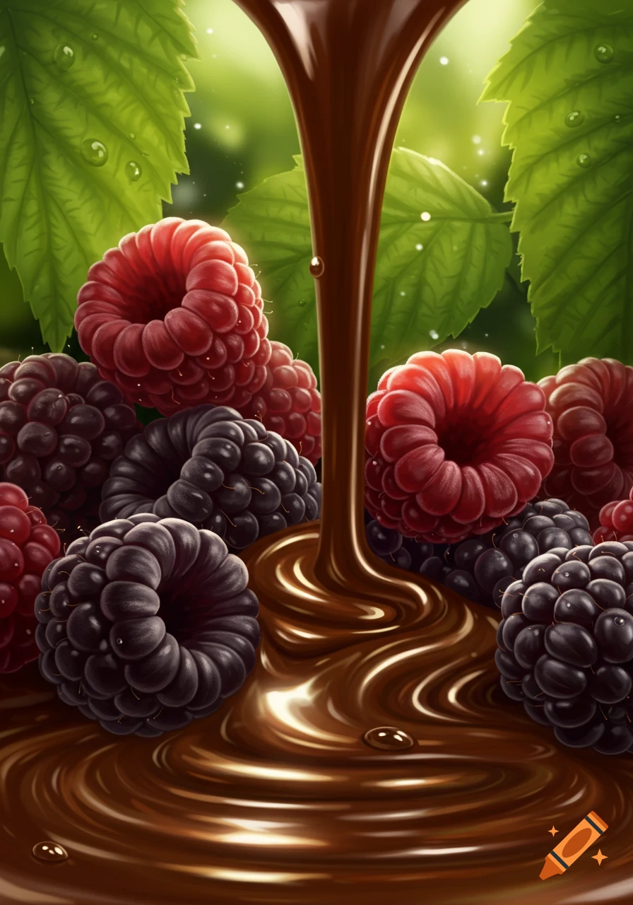 Melting chocolate pouring over fresh red raspberries and dark blackberries with green leaves in background.