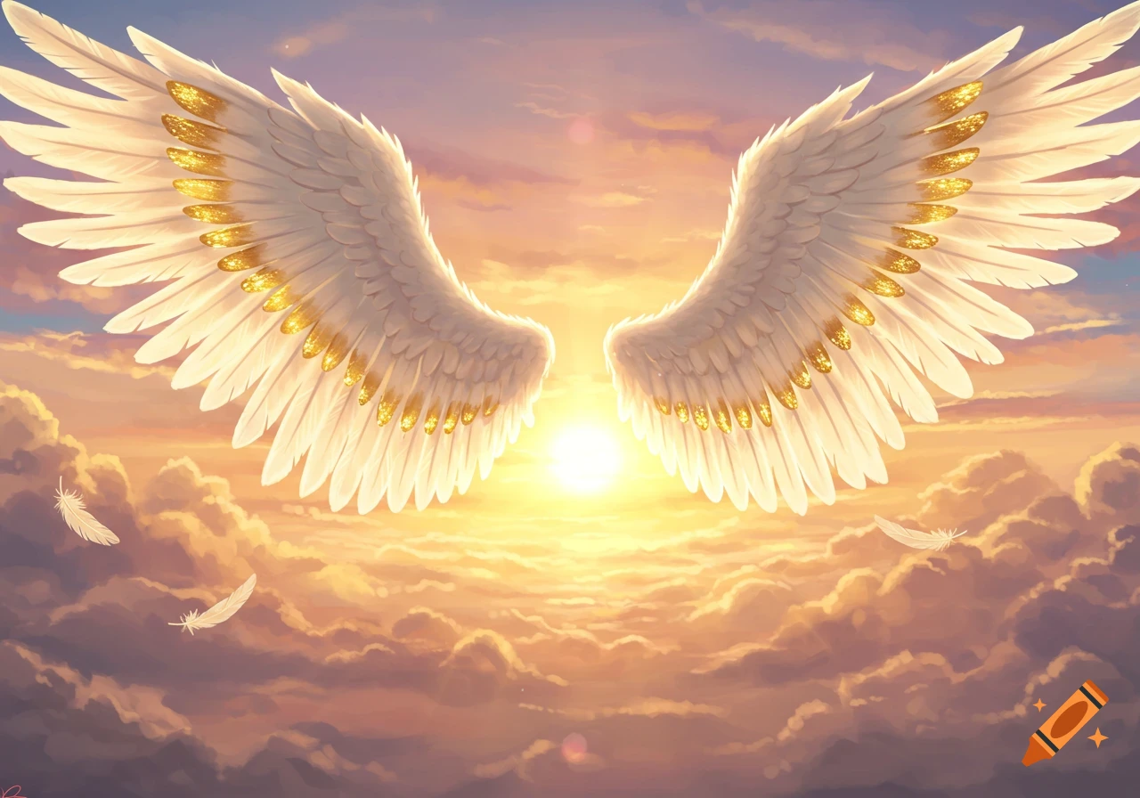 A pair of majestic white wings with golden feathers against a radiant sunset sky filled with soft clouds.