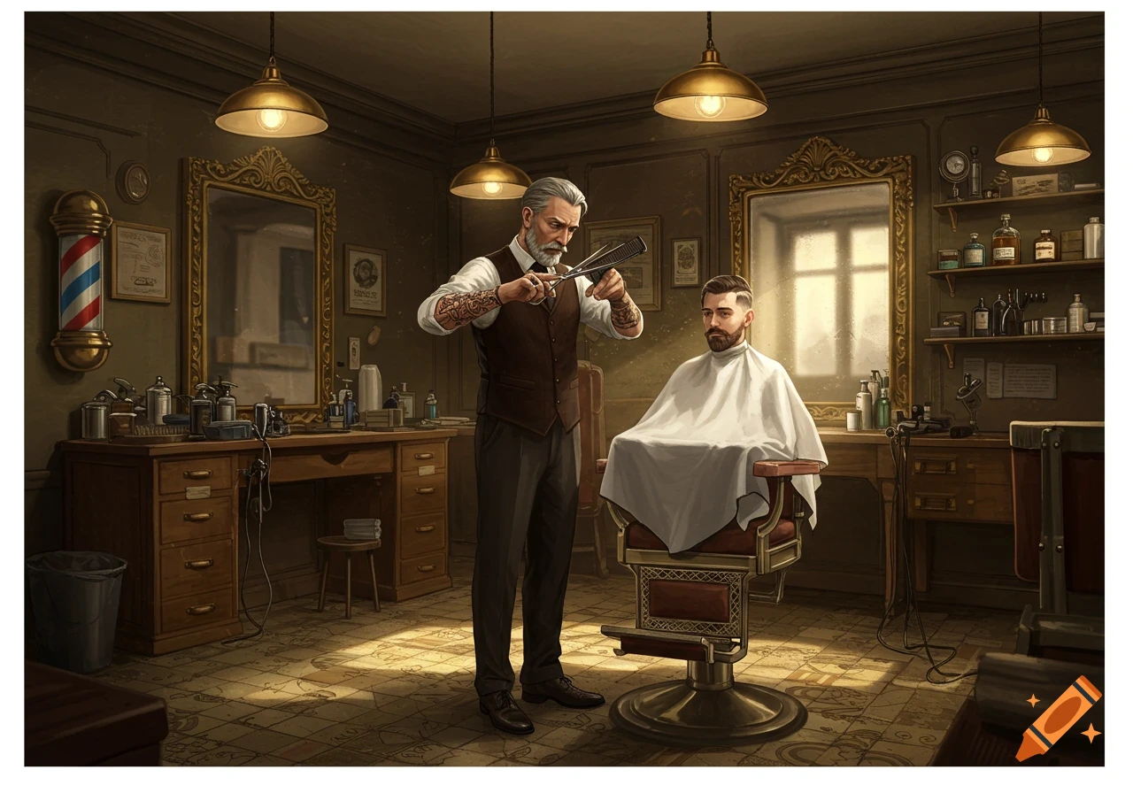 A detailed illustration of a vintage barbershop, with a barber holding scissors and a comb, styling a customer's beard and hair.