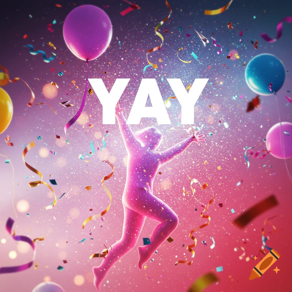 A vibrant celebration with a person in a pink silhouette jumping amidst confetti, balloons, and the word YAY.