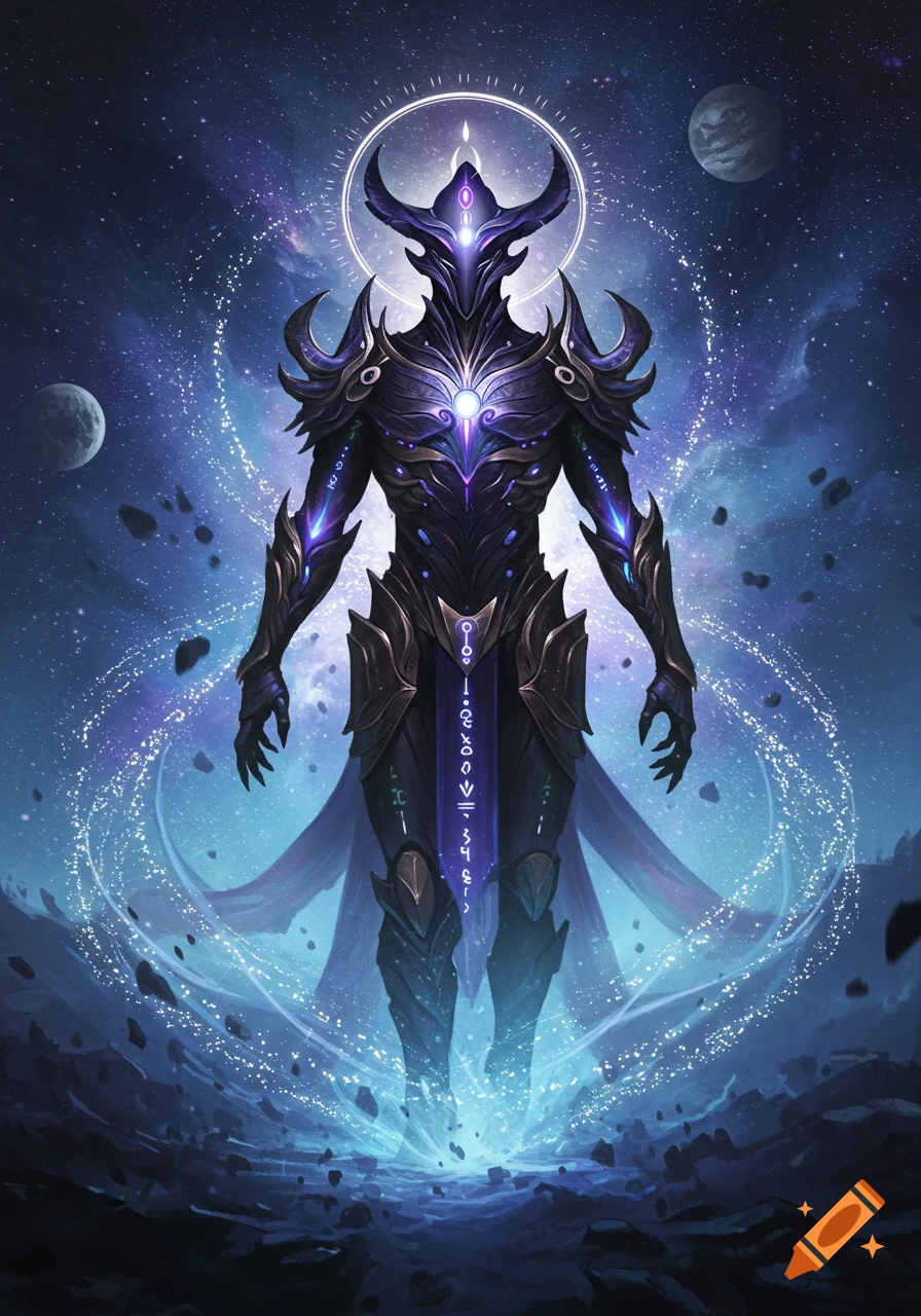 A majestic, armored cosmic god-like figure, adorned with glowing purple and blue energy, floats against a starry nebula background with planets.