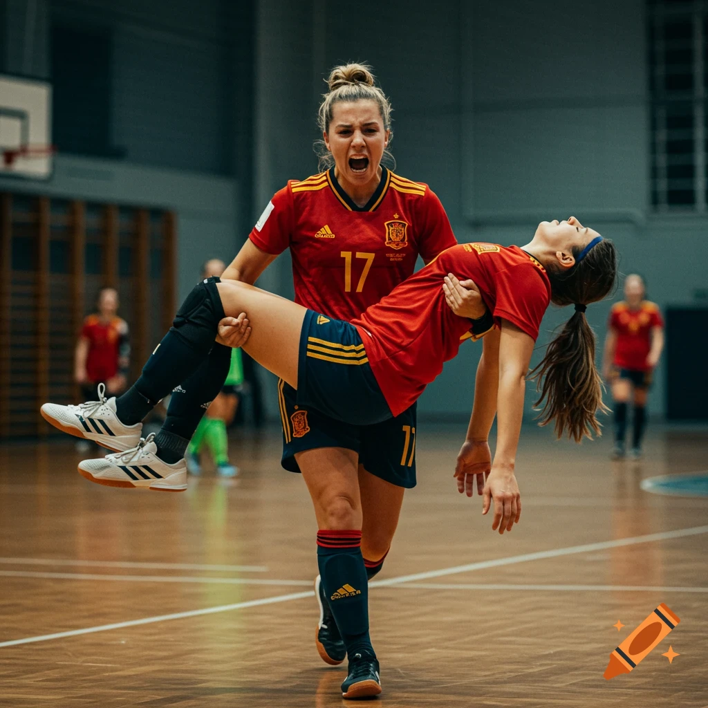 A female Spanish indoor soccer player in a red jersey with number 17 carries her fainted teammate across a court in a dramatic, photorealistic scene.