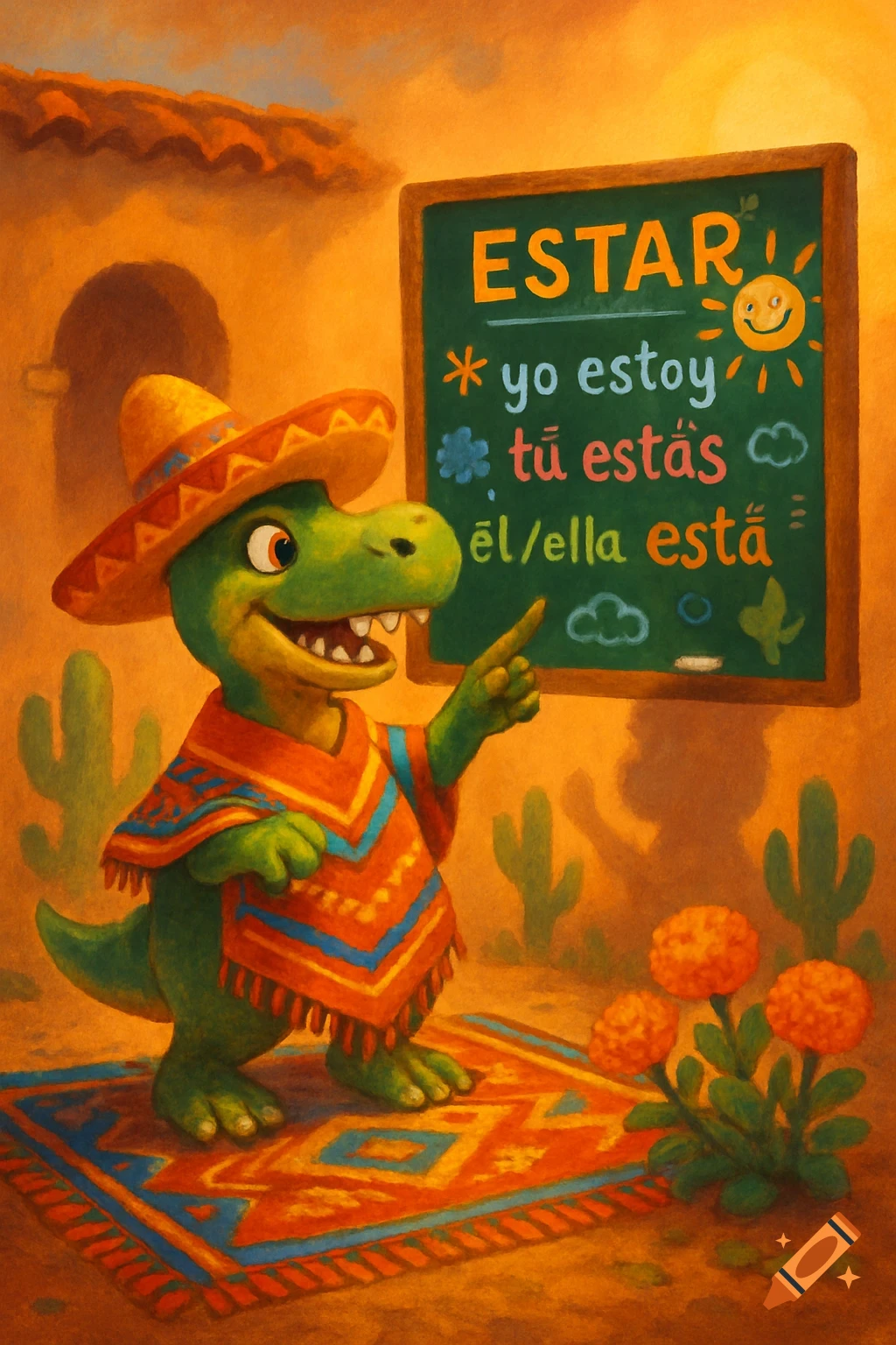 A cartoon dinosaur in a sombrero and poncho teaches Spanish verb 'ESTAR' on a chalkboard in a desert setting, illustrated.