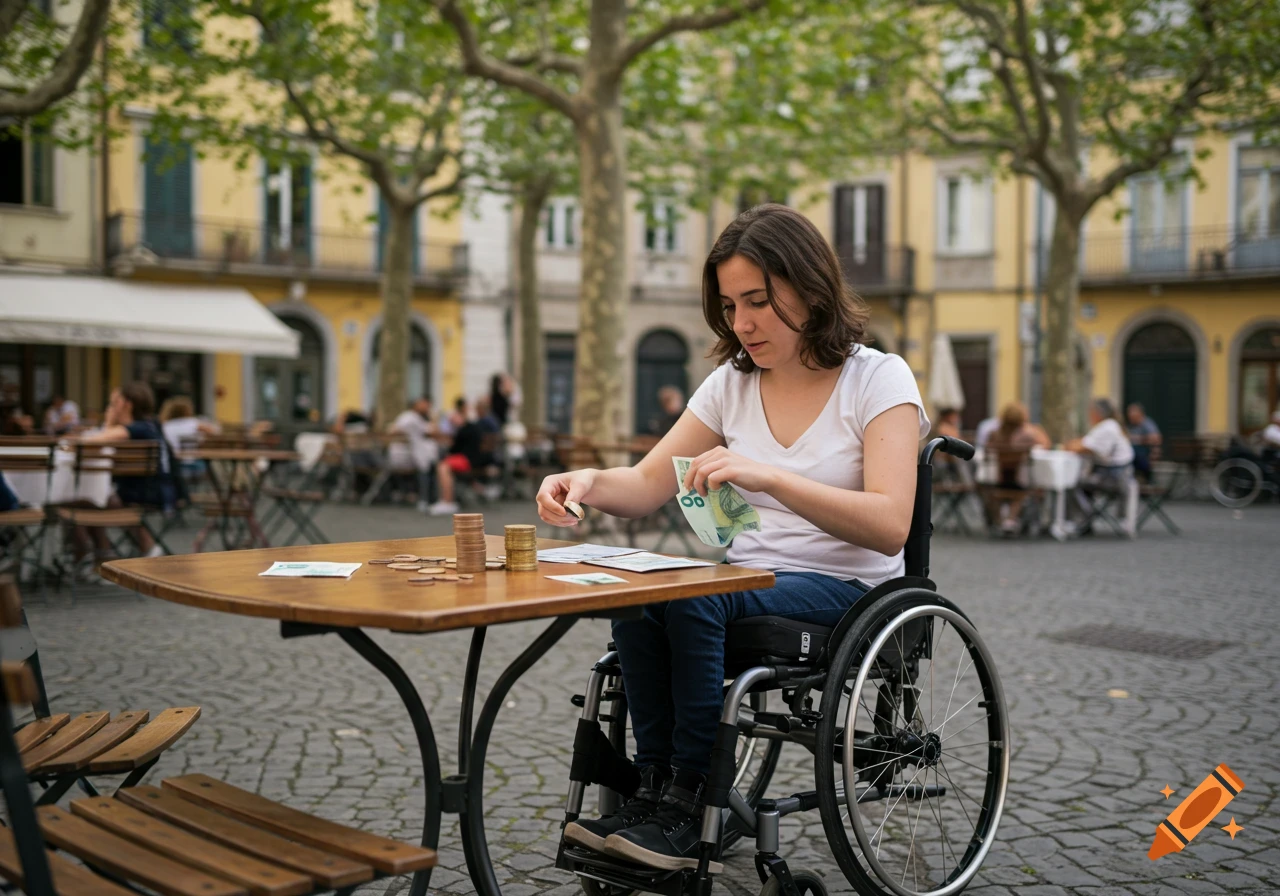 A young woman in a wheelchair sits at an outdoor cafe table, counting euro banknotes and coins.