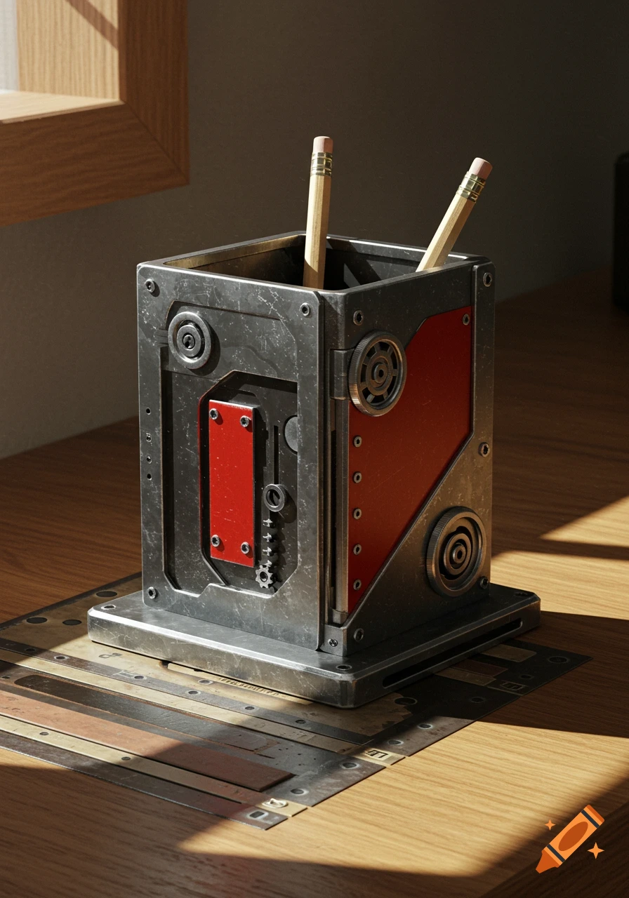 A metal pencil holder with red accents and mechanical details holds two pencils on a wooden desk, illuminated by sunlight.