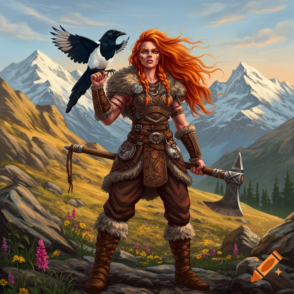 A female barbarian with long red hair, wearing fur and leather armor, stands in a mountain landscape holding an axe with a magpie on her hand. Digital art style.