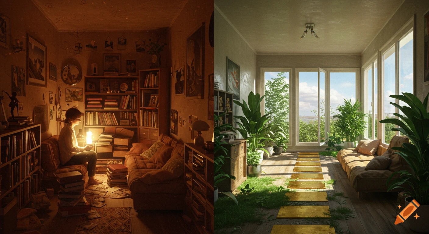 Split image showing a cozy, cluttered room with a person reading by lamplight on the left, and a bright, plant-filled, organized sunroom on the right, connected by golden stepping stones.