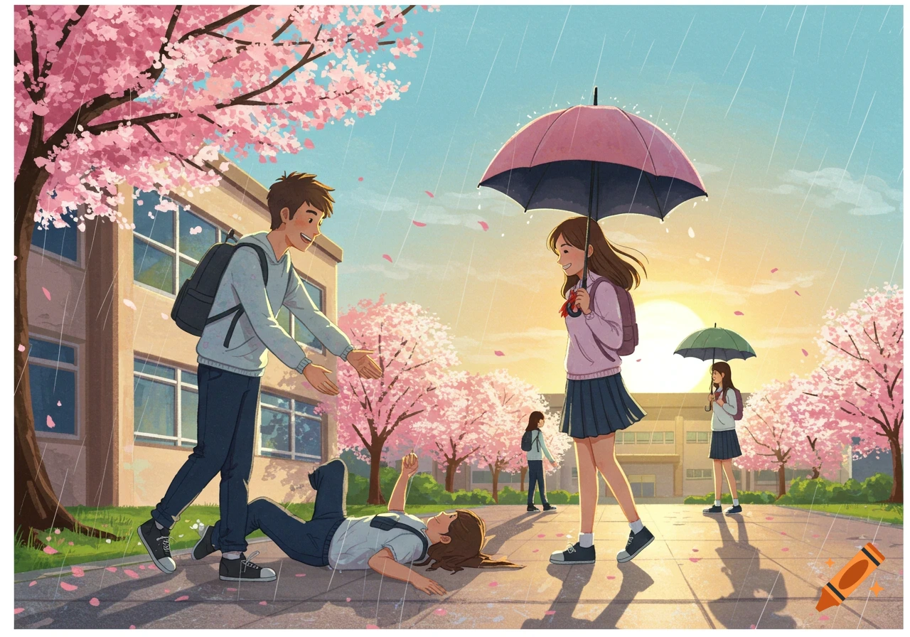 Anime illustration of students in a rainy schoolyard with cherry blossoms; a boy helps a fallen girl, another walks with an umbrella.