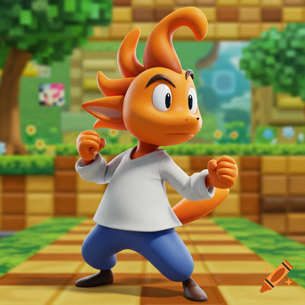 An orange, axolotl-like cartoon character in a white shirt and blue pants stands in a fighting stance in a colorful, pixelated video game world.