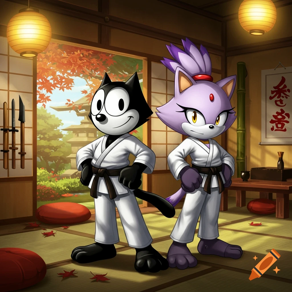 Felix the Cat and Blaze the Cat stand in karate gis with black belts in a traditional Japanese dojo with lanterns and autumn leaves.