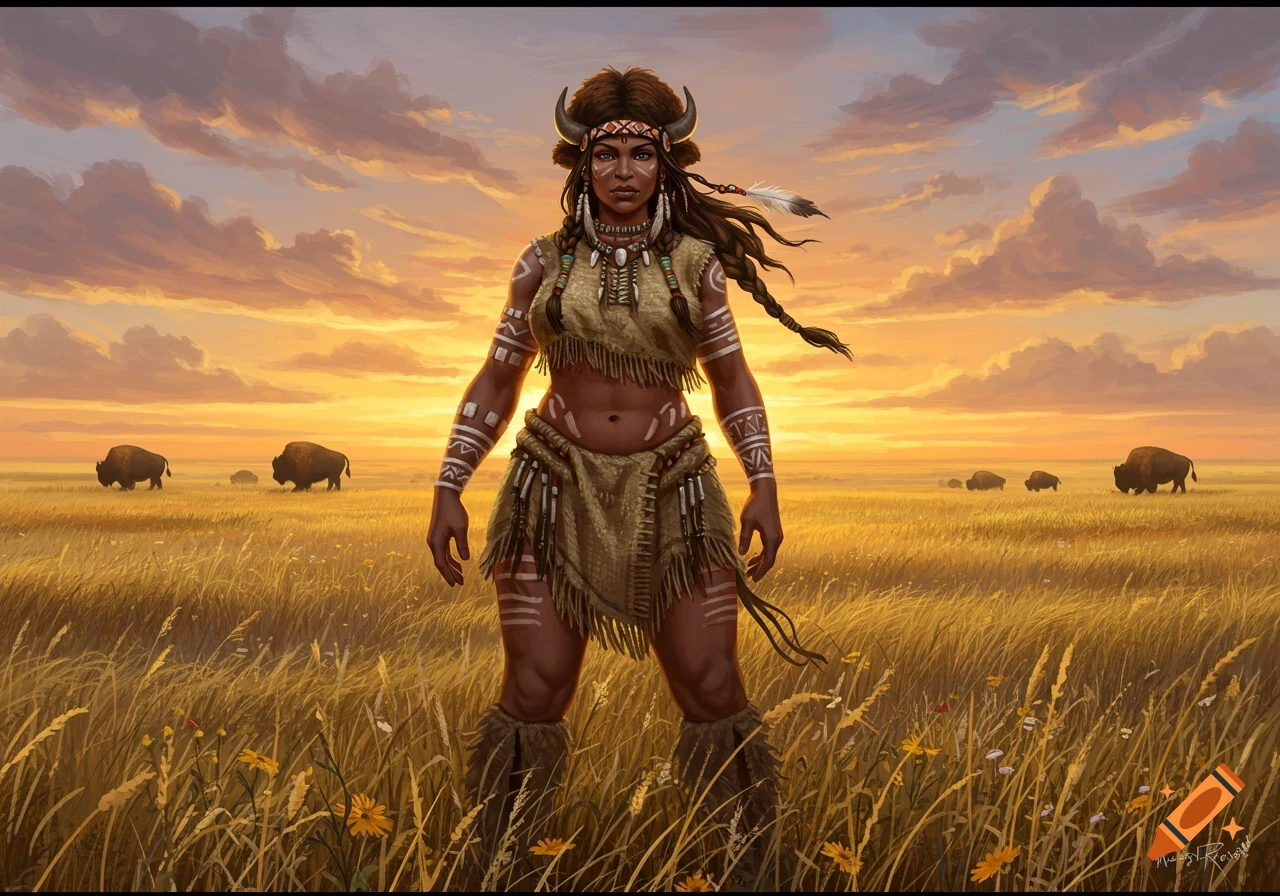 Fantasy art of a woman with buffalo horns and tribal attire standing in a golden prairie with bison at sunset.