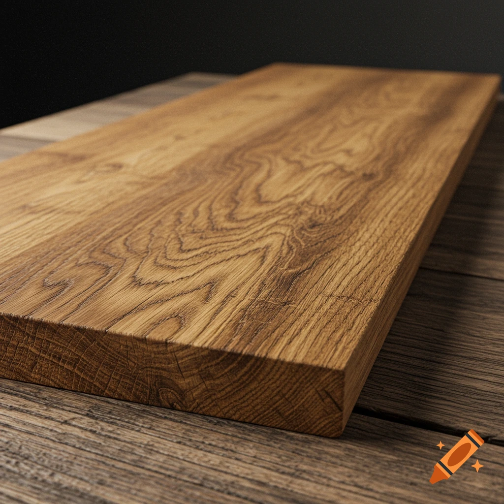 Detailed close-up of a quarter-sawn oak wood board with rich, warm grain.