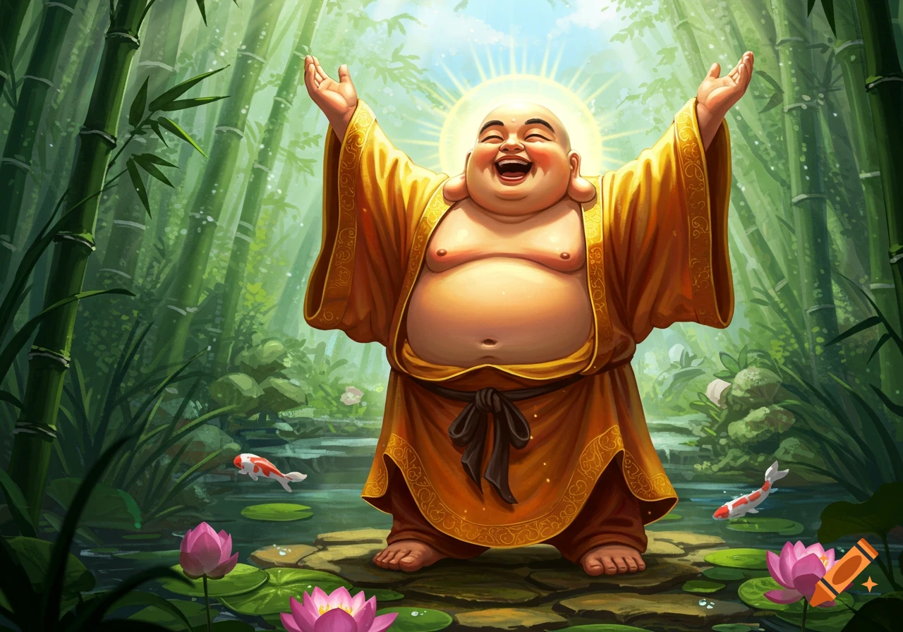 A happy, laughing Buddha in golden robes with arms raised, standing in a bamboo forest with lotus flowers and koi fish, depicted in a colorful art style.