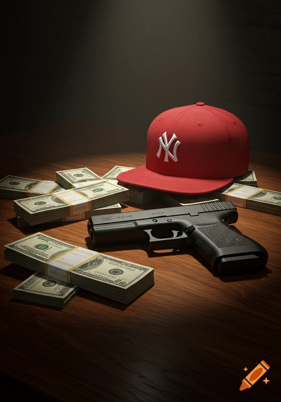 A dark, moody still life image featuring a black handgun, stacks of hundred-dollar bills, and a red New York Yankees baseball cap on a wooden table.