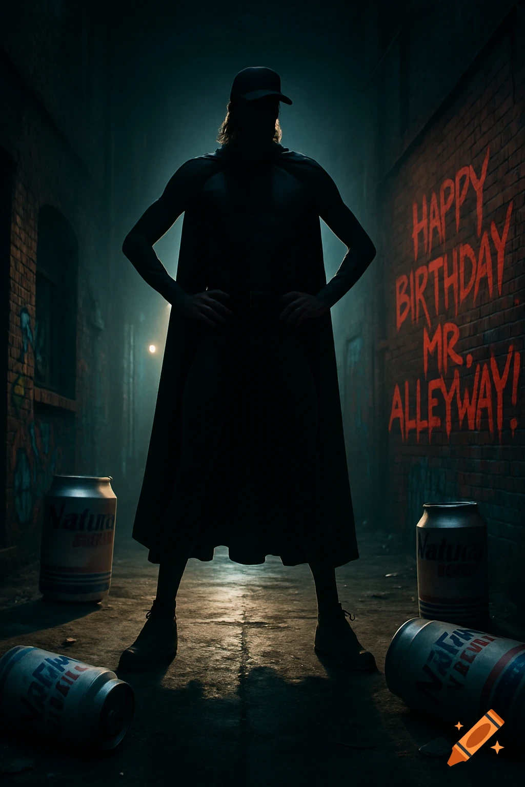 A silhouetted figure in a baseball cap and cape stands in a dark, foggy alley with red graffiti on a brick wall and scattered beer cans.