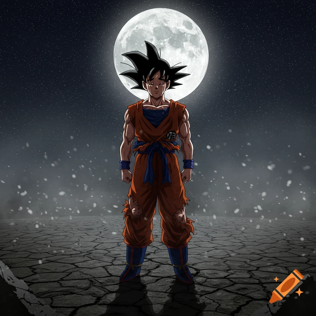 Goku stands crying with tears under his eyes, in torn orange clothes on a cracked, desolate ground under a large full moon at night.