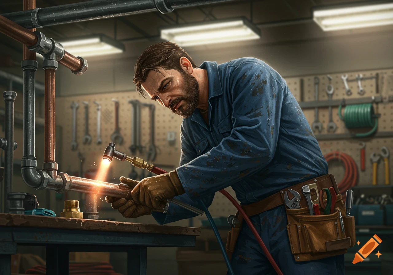 A skilled plumber in blue overalls and gloves uses a torch to weld copper pipes in a detailed workshop.