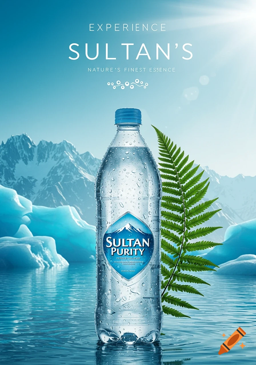 A cold, photorealistic advertisement for Sultan Purity water bottle in an icy mountain landscape.