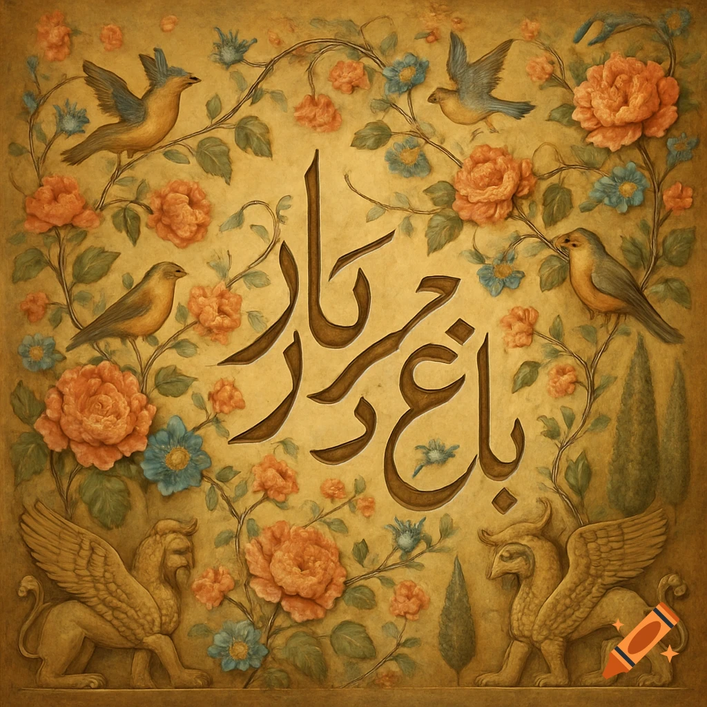 An ornate Persian-style artwork featuring central calligraphy, surrounded by birds, blooming roses, and winged lion figures on an aged, golden background.
